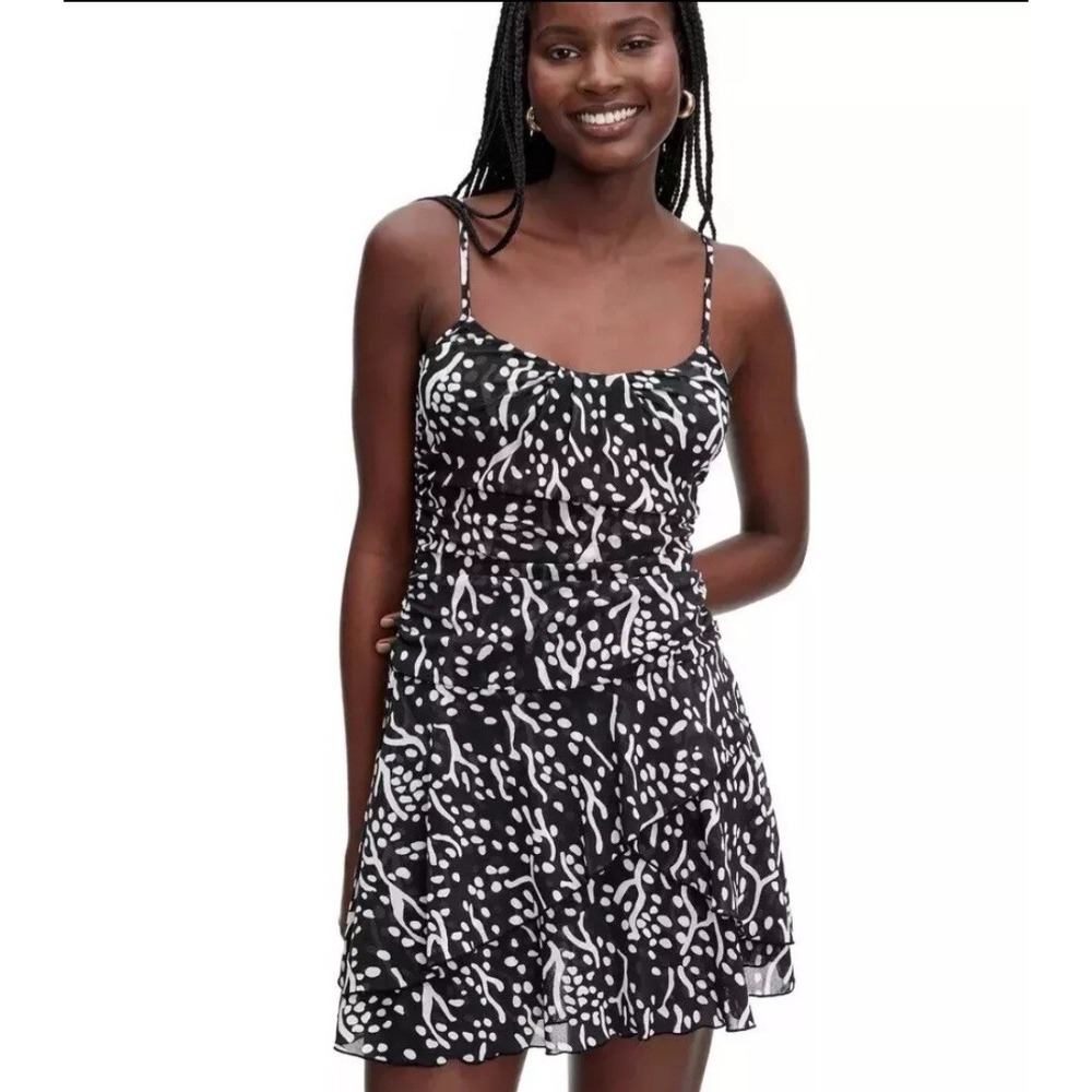 Diane Von Furstenberg Size Large Sea Spots Black Multi Layer Mesh Mini Dress New